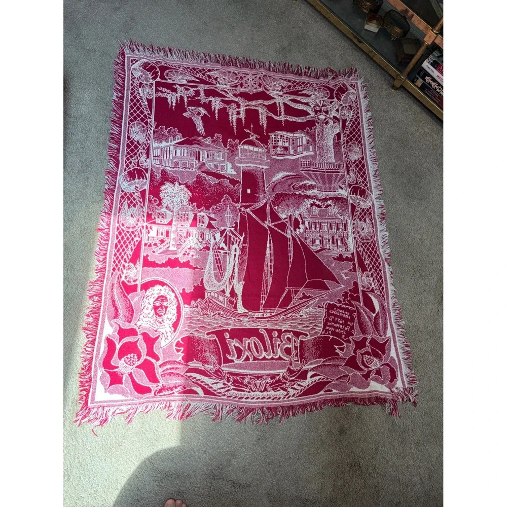 Vintage Biloxi Mississippi  Woven Throw Blanket Red White Lighthouse 48x65